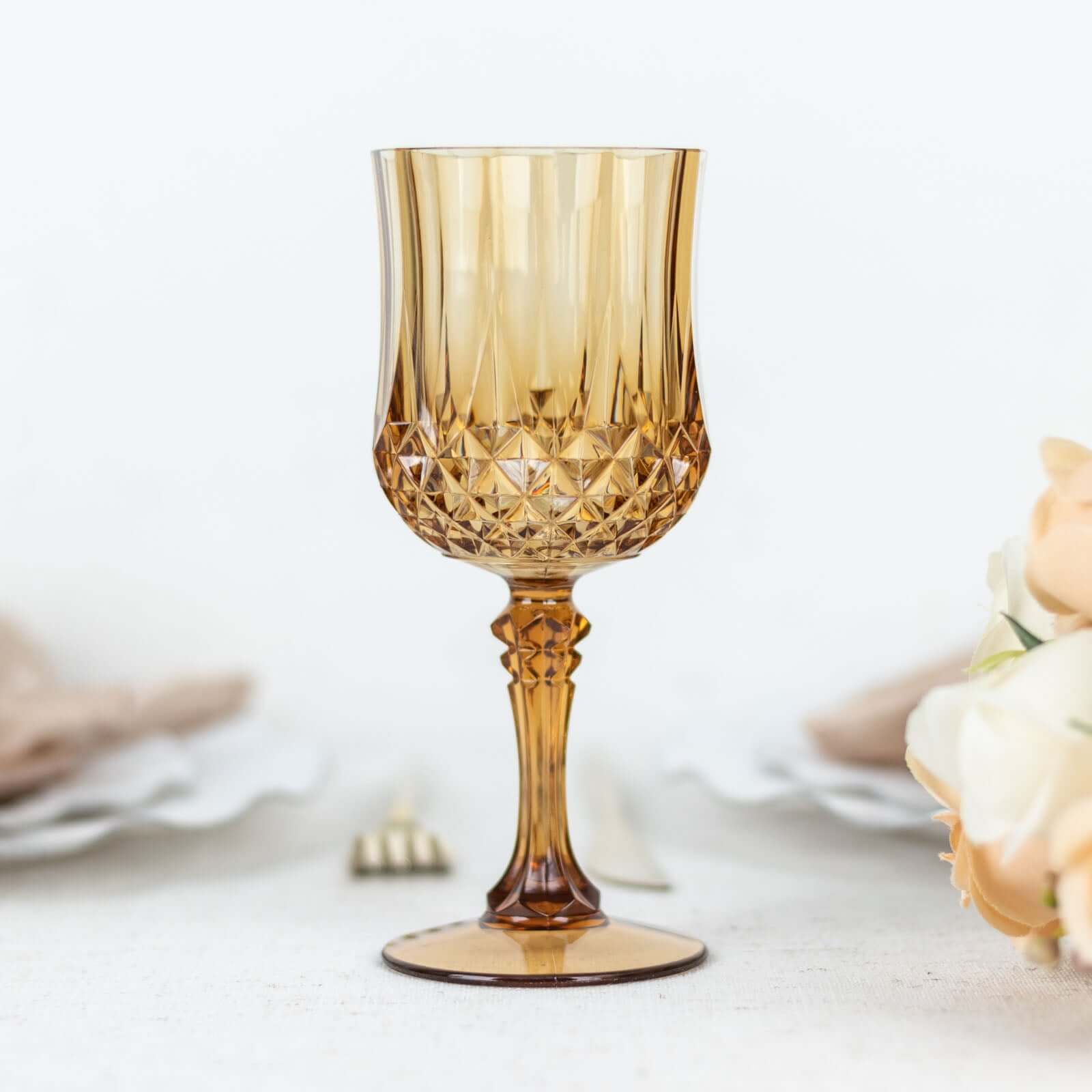 6-Pack Transparent Plastic Crystal Cut Wine Glasses 8oz, Amber Gold