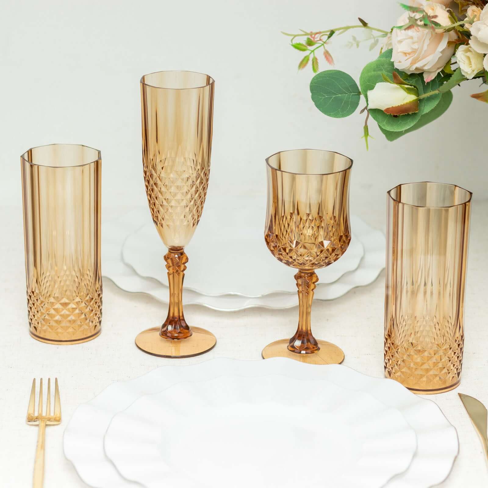 6-Pack Transparent Plastic Crystal Cut Wine Glasses 8oz, Amber Gold - Image 2