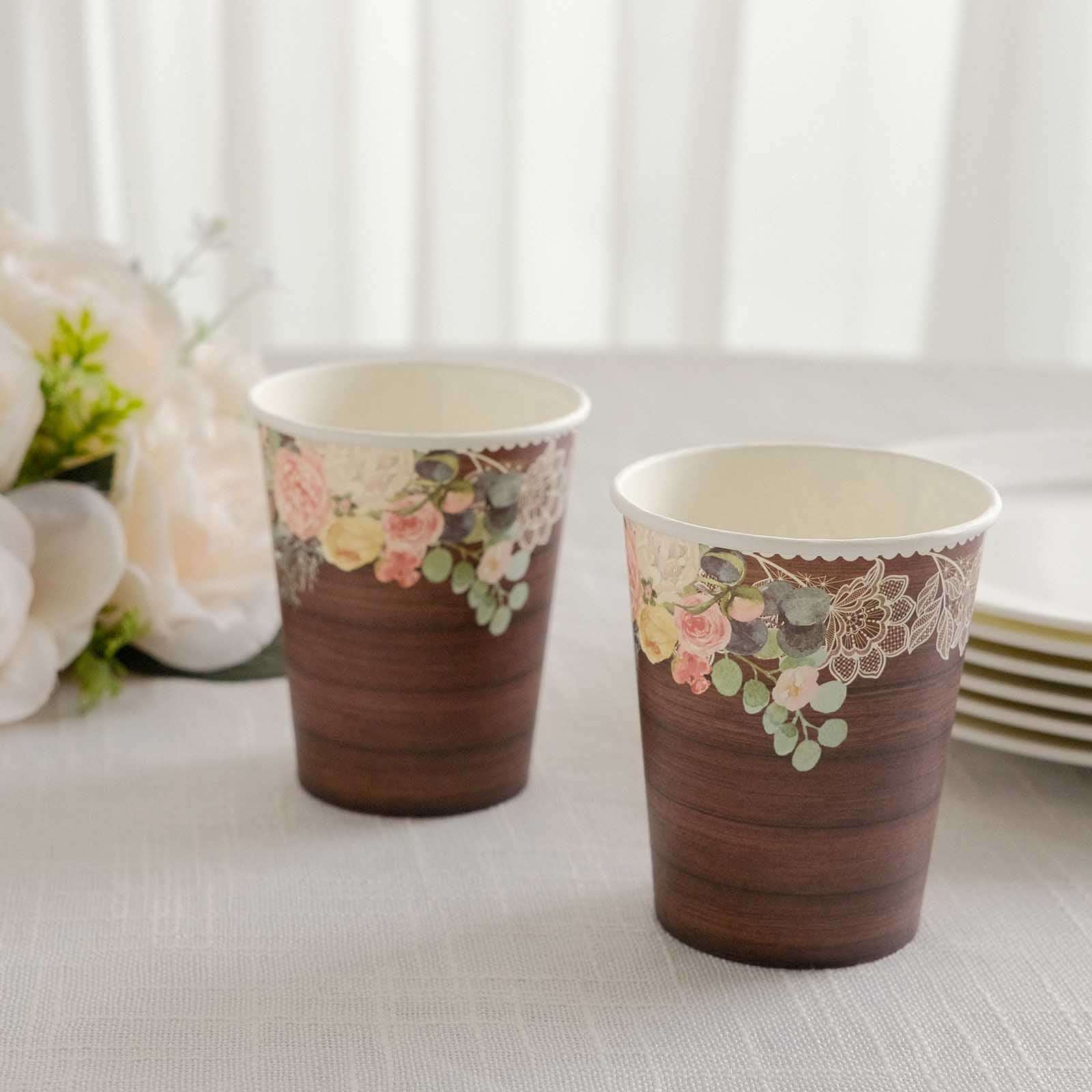 24-Pack Paper Cups 9oz Brown Wood Print with Floral Lace Rim - Rustic Disposable Party Cups for Farmhouse Events & Country Gatherings - Image 2